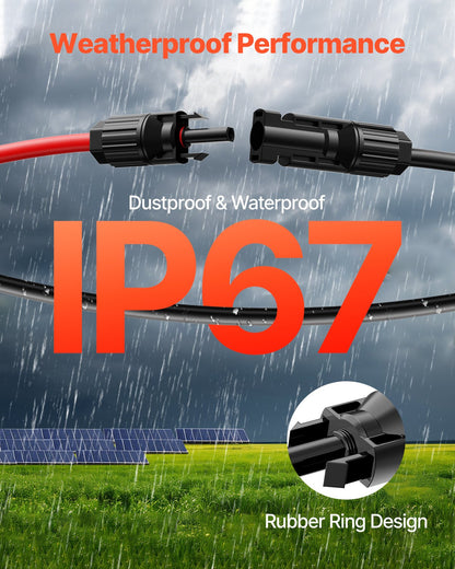 30,48 m/100 fot förlängningskabel för solpaneler, 6 mm²/10 AWG förlängningskabel för solpaneler med vattentäta hon- och hankontakter, 6 mm² PV-kabel för solpaneler i hemmet, på fartyg och husbilar, 30,48 m/100 fot svart + 30,48 m/100 fot röd (set om 2)
