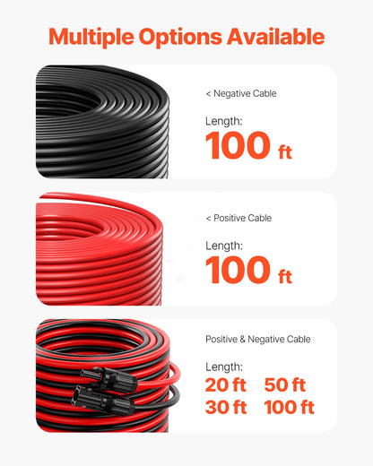 30,48 m/100 fot förlängningskabel för solpaneler, 6 mm²/10 AWG förlängningskabel för solpaneler med vattentäta hon- och hankontakter, 6 mm² PV-kabel för solpaneler i hemmet, på fartyg och husbilar, 30,48 m/100 fot svart + 30,48 m/100 fot röd (set om 2)