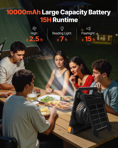 10000mAh uppladdningsbar solcellsfläkt med LED-lykta, 18 cm bärbar fläkt sladdlös med 4W hopfällbar solpanel, 4 hastigheter &amp; timer &amp; tyst, USB-batteridriven för campingtält arbetsplats kontorsskrivbord