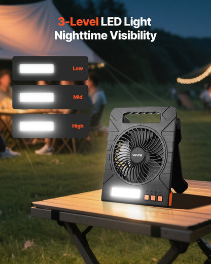 10000mAh uppladdningsbar solcellsfläkt med LED-lykta, 18 cm bärbar fläkt sladdlös med 4W hopfällbar solpanel, 4 hastigheter &amp; timer &amp; tyst, USB-batteridriven för campingtält arbetsplats kontorsskrivbord