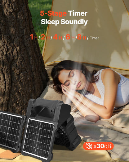 20000mAh uppladdningsbar solfläkt med LED-lykta, 20 cm bärbar fläkt sladdlös med 7W hopfällbar solpanel, 5 hastigheter &amp; timer &amp; tyst, USB-batteridriven för camping, tält, arbetsplats, kontorsskrivbord