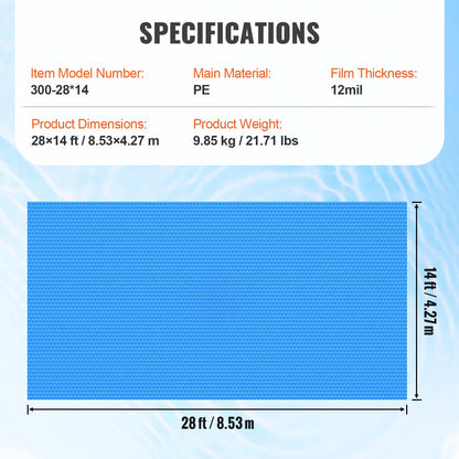 Solcellsskydd för pool, 28 x 14 fot rektangulärt solskydd för pooler, solcellsskydd för ovanmarkspool, 12 mil solskydd blått