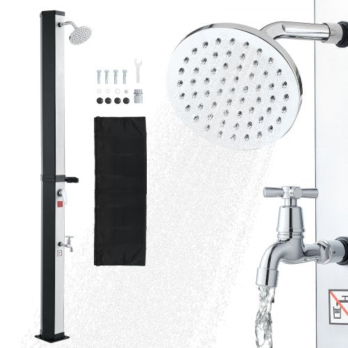 35L Solar Heated Shower, 195cm Showerhead Height Outdoor Shower, with Foot Faucet & Soap Box Rack, Hot & Cold Water Adjustment, Freestanding for Backyard Poolside Beach Pool,Black Silver