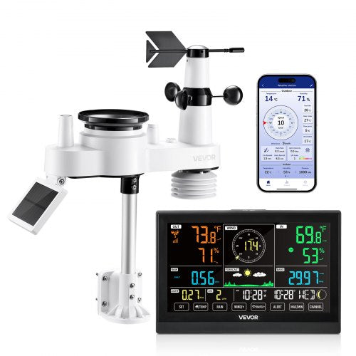 7-i-1 Wi-Fi väderstation med app, 190,5 mm VA-display, trådlös soldriven utomhussensor, regnmätare, inomhus/utomhus för väderprognos, vindhastighet, temperatur, luftfuktighet, nederbörd