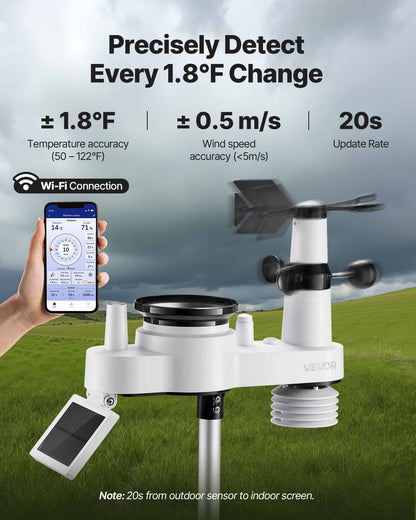 7-i-1 Wi-Fi väderstation med app, 190,5 mm VA-display, trådlös soldriven utomhussensor, regnmätare, inomhus/utomhus för väderprognos, vindhastighet, temperatur, luftfuktighet, nederbörd
