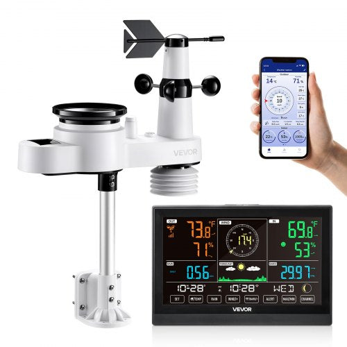 5-i-1 Wi-Fi väderstation, 190,5 mm VA-display, trådlös soldriven utomhussensor, regnmätare, inomhus/utomhus för väderprognos, vindhastighet, riktning, temperatur, luftfuktighet, nederbörd