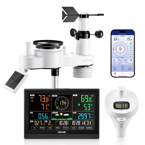 7-i-1 Wi-Fi väderstation med app, 190,5 mm display, trådlös soldriven utomhussensor, med pooltermometer, regnmätare, inomhus-utomhus för väderprognos vindhastighet pooltemperatur