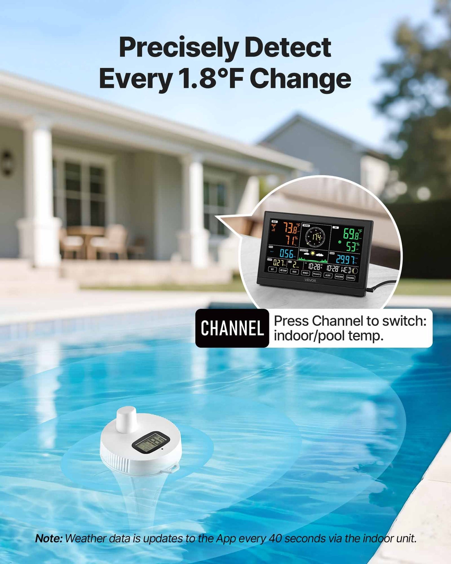 7-i-1 Wi-Fi väderstation med app, 190,5 mm display, trådlös soldriven utomhussensor, med pooltermometer, regnmätare, inomhus-utomhus för väderprognos vindhastighet pooltemperatur