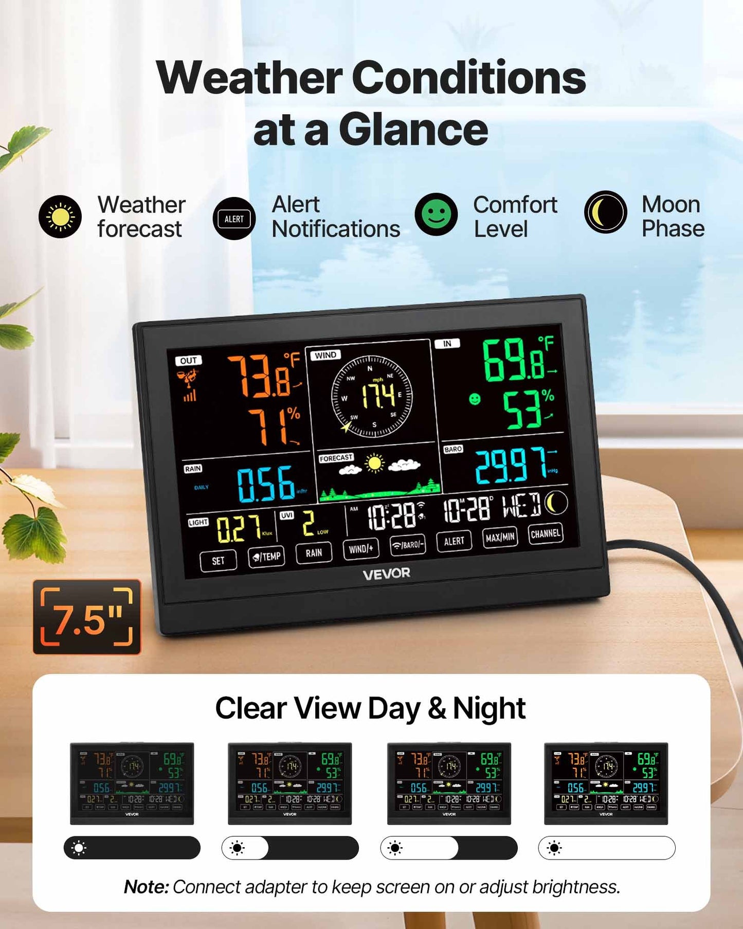 7-i-1 Wi-Fi väderstation med app, 190,5 mm display, trådlös soldriven utomhussensor, med pooltermometer, regnmätare, inomhus-utomhus för väderprognos vindhastighet pooltemperatur