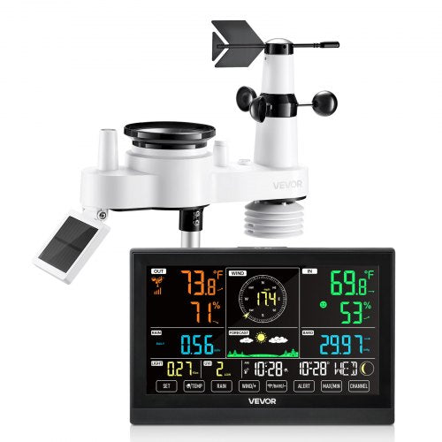 7-i-1 trådlös väderstation, 190,5 mm VA-display, soldriven utomhussensor, regnmätare, inomhus- och utomhusbruk för väderprognos, temperatur, luftfuktighet, vindhastighet och -riktning (ingen WiFi)