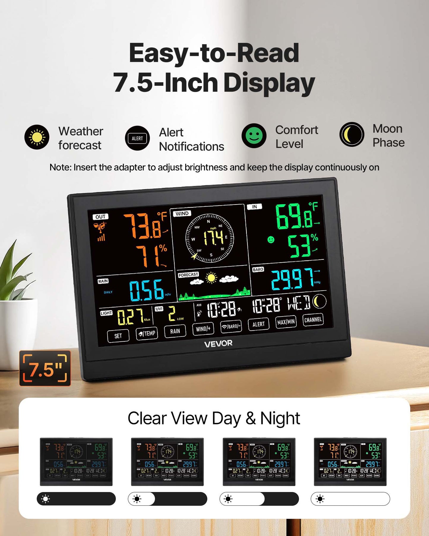 7-i-1 trådlös väderstation, 190,5 mm VA-display, soldriven utomhussensor, regnmätare, inomhus- och utomhusbruk för väderprognos, temperatur, luftfuktighet, vindhastighet och -riktning (ingen WiFi)