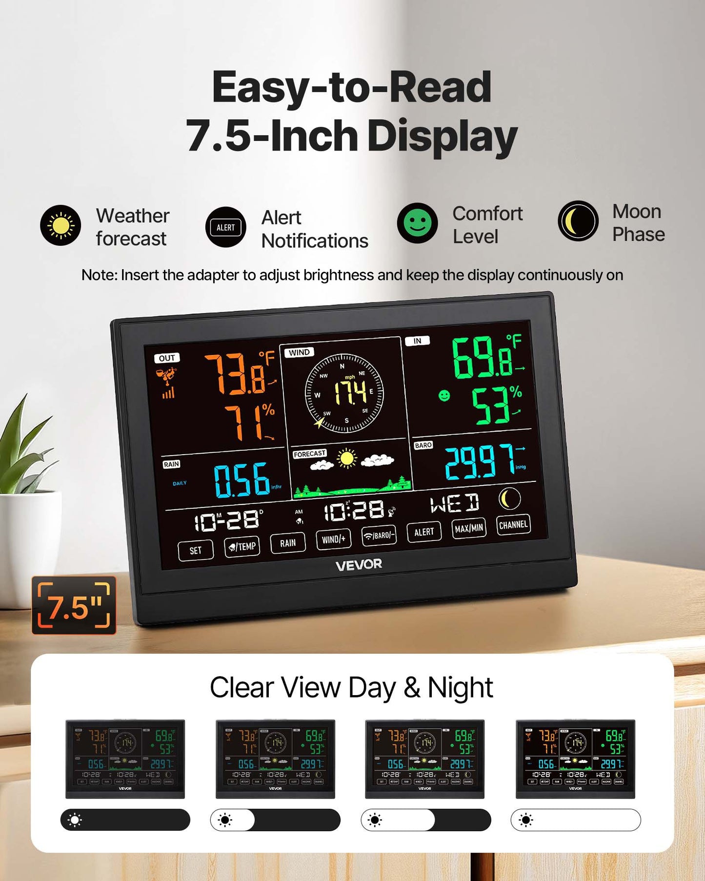 5-i-1 trådlös väderstation, 7,5 tum / 190,5 mm VA-display, soldriven utomhussensor, regnmätare, inomhus- och utomhusanvändning för väderprognos, temperatur, luftfuktighet, vindhastighet och -riktning (ingen WiFi)