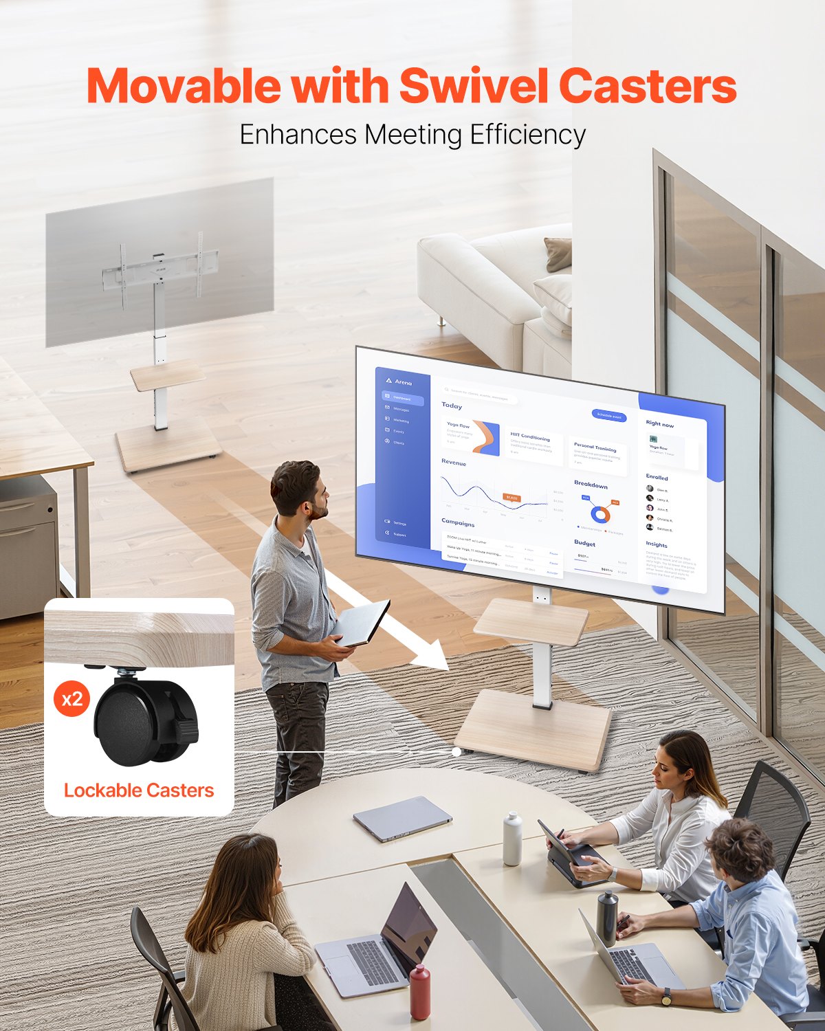 Rullande TV-stativ, mobil TV-vagn för 32-70 tums skärmar, 25° vänster-högerrotation och höjdjusterbart TV-fäste med bricka, rymmer upp till 36 kg för hörn, sovrum, utomhusbruk, max VESA 600x400 mm