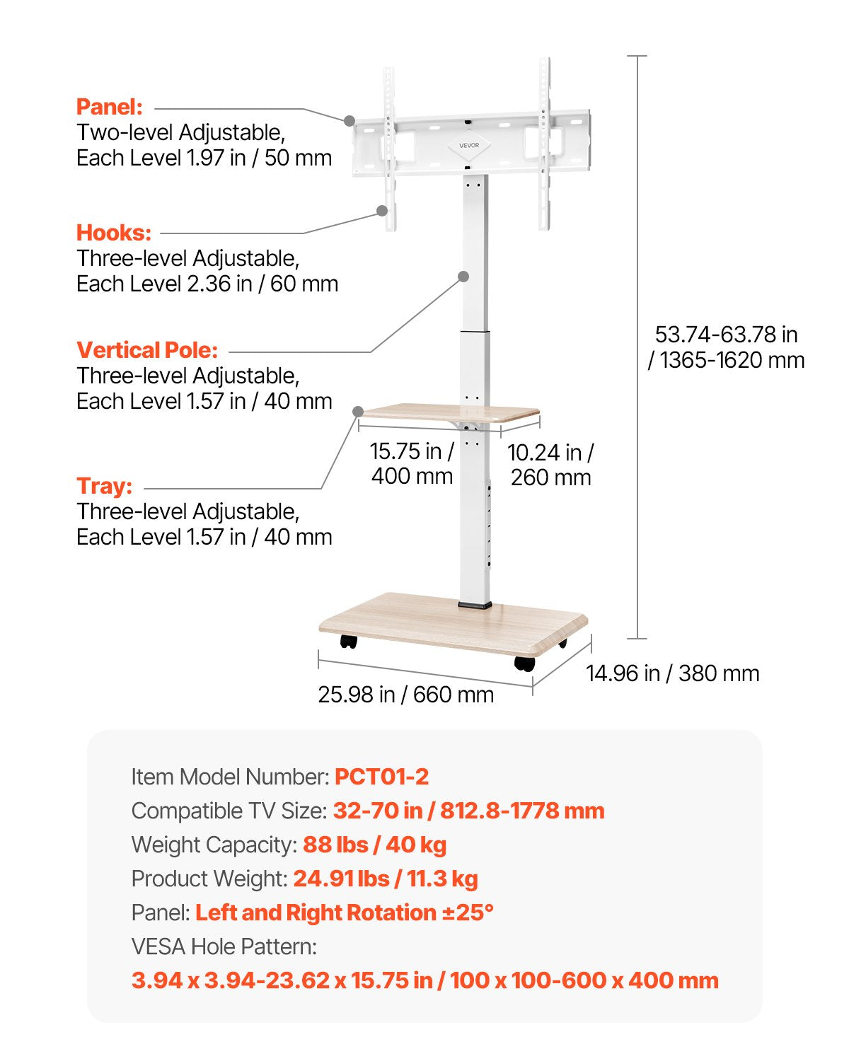 Rullande TV-stativ, mobil TV-vagn för 32-70 tums skärmar, 25° vänster-högerrotation och höjdjusterbart TV-fäste med bricka, rymmer upp till 36 kg för hörn, sovrum, utomhusbruk, max VESA 600x400 mm