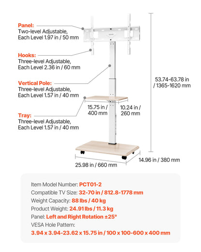 Rullande TV-stativ, mobil TV-vagn för 32-70 tums skärmar, 25° vänster-högerrotation och höjdjusterbart TV-fäste med bricka, rymmer upp till 36 kg för hörn, sovrum, utomhusbruk, max VESA 600x400 mm