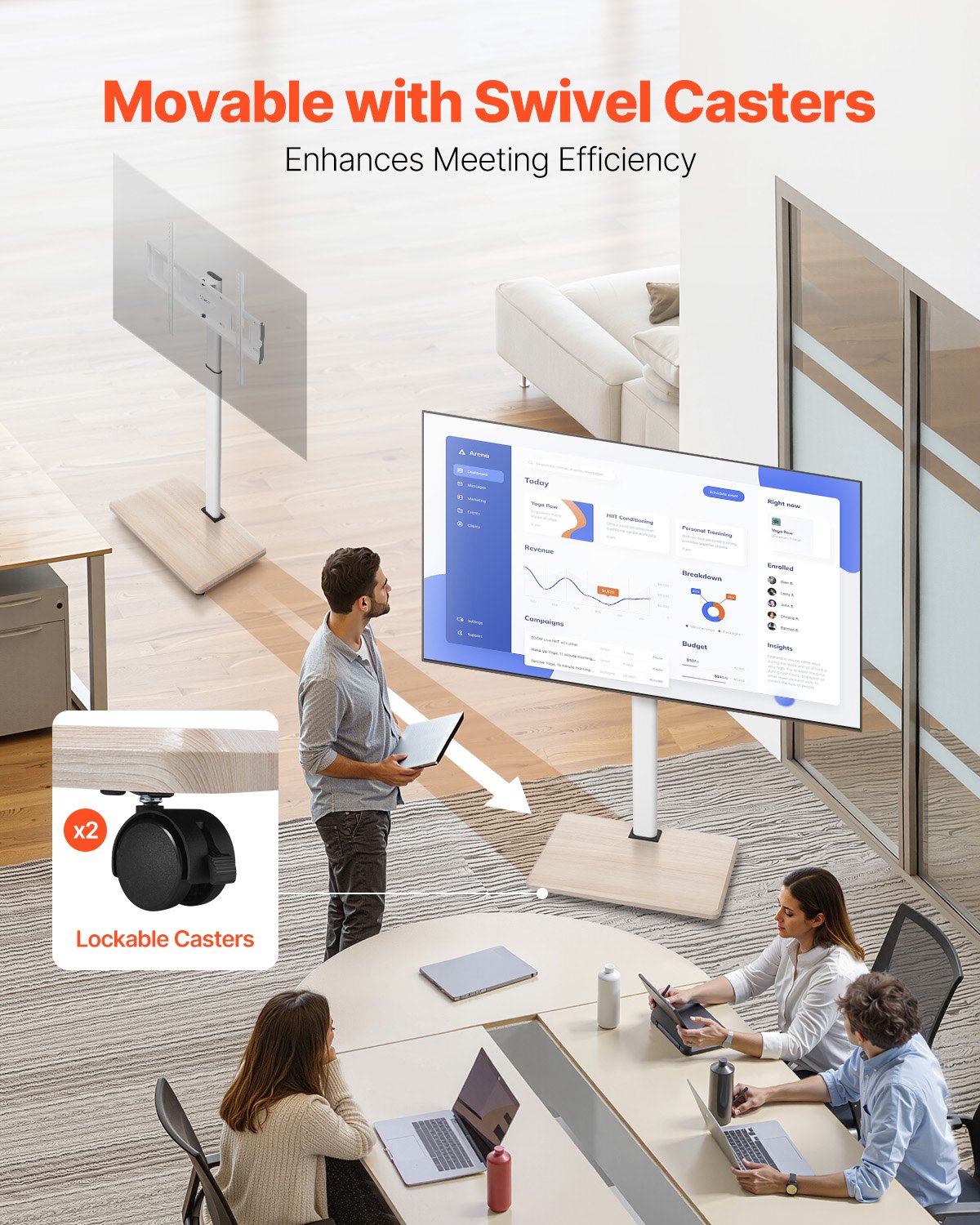 Rullande TV-stativ, mobil TV-vagn för 32-70 tums skärmar, 25° vänster-högerrotation och höjdjusterbart TV-fäste på hjul, håller upp till 49 kg för hörn, sovrum, utomhusbruk, max VESA 600x400 mm