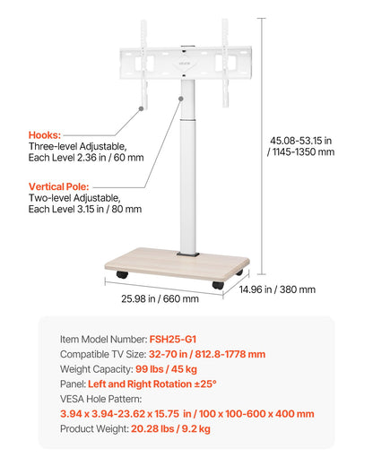 Rullande TV-stativ, mobil TV-vagn för 32-70 tums skärmar, 25° vänster-högerrotation och höjdjusterbart TV-fäste på hjul, håller upp till 49 kg för hörn, sovrum, utomhusbruk, max VESA 600x400 mm