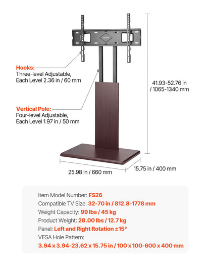 Universal TV-stativ, bords-TV-stativ för 32-70 tums skärmar, vridbart och höjdjusterbart TV-fäste, håller upp till 45 kg med grenuttag, för vardagsrum, sovrum, MAX VESA 600 x 400 mm