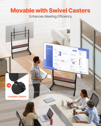 Rullande TV-stativ, mobil TV-vagn för 55-100 tums skärmar, höjdjusterbart bärbart skärmstativ med bricka, rymmer upp till 90 kg för vardagsrum, sovrum, kontor, utomhusbruk Max VESA 800 x 600 mm