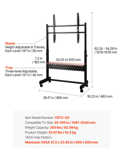 Rullande TV-stativ, mobil TV-vagn för 55-100 tums skärmar, höjdjusterbart bärbart skärmstativ med bricka, rymmer upp till 90 kg för vardagsrum, sovrum, kontor, utomhusbruk Max VESA 800 x 600 mm