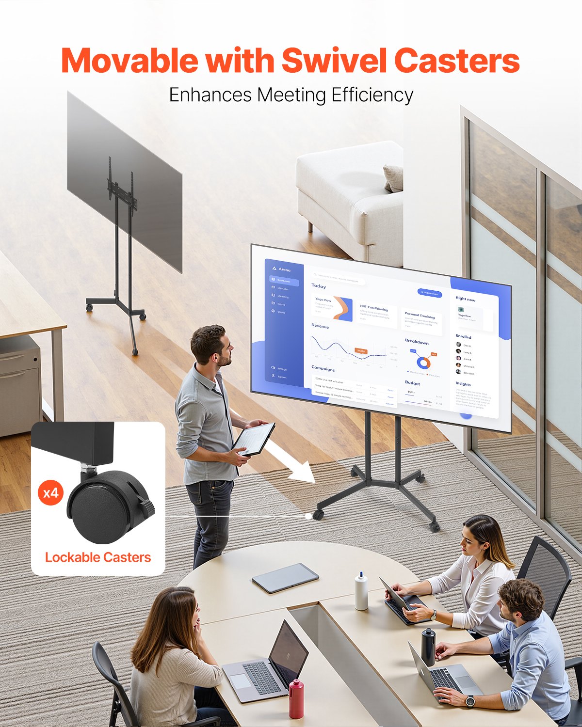 Rullande TV-stativ, mobil TV-vagn för 32-65 tums skärmar, höjdjusterbart, bärbart skärmstativ med hjul, klarar upp till 36 kg för vardagsrum, sovrum, kontor, utomhusbruk, max VESA 400x400 mm