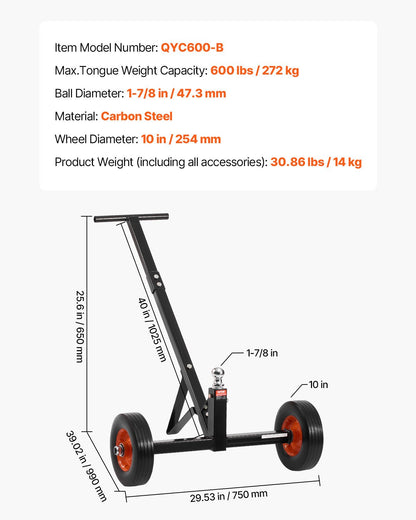 Släpvagnsvagn, 600 kg tungviktskapacitet, släpvagnsflyttare i kolstål med 1-7/8 tums dragkula och 10 tums solida däck, bärbar dragvagn för flytt av bil, husbil, båtsläp