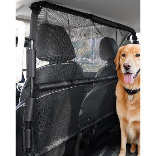 Hundskydd i bilen, 125 cm bred avdelare för montering i framsäten, hundskydd i fordon med genomskinligt nät, universalskydd för hundar i bilen för medelstora sedaner, lastbilar och stadsjeepar, svart