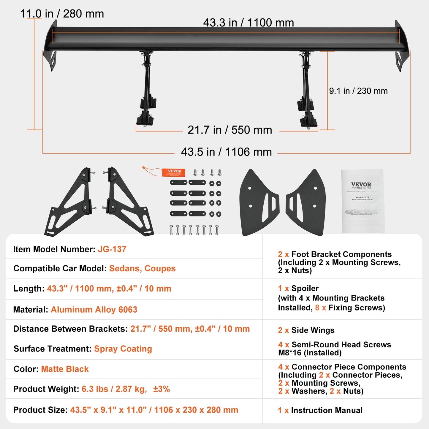 Universell bakspoiler GT-stil justerbar bagagerumsvinge racingbil 43,3"/110 cm