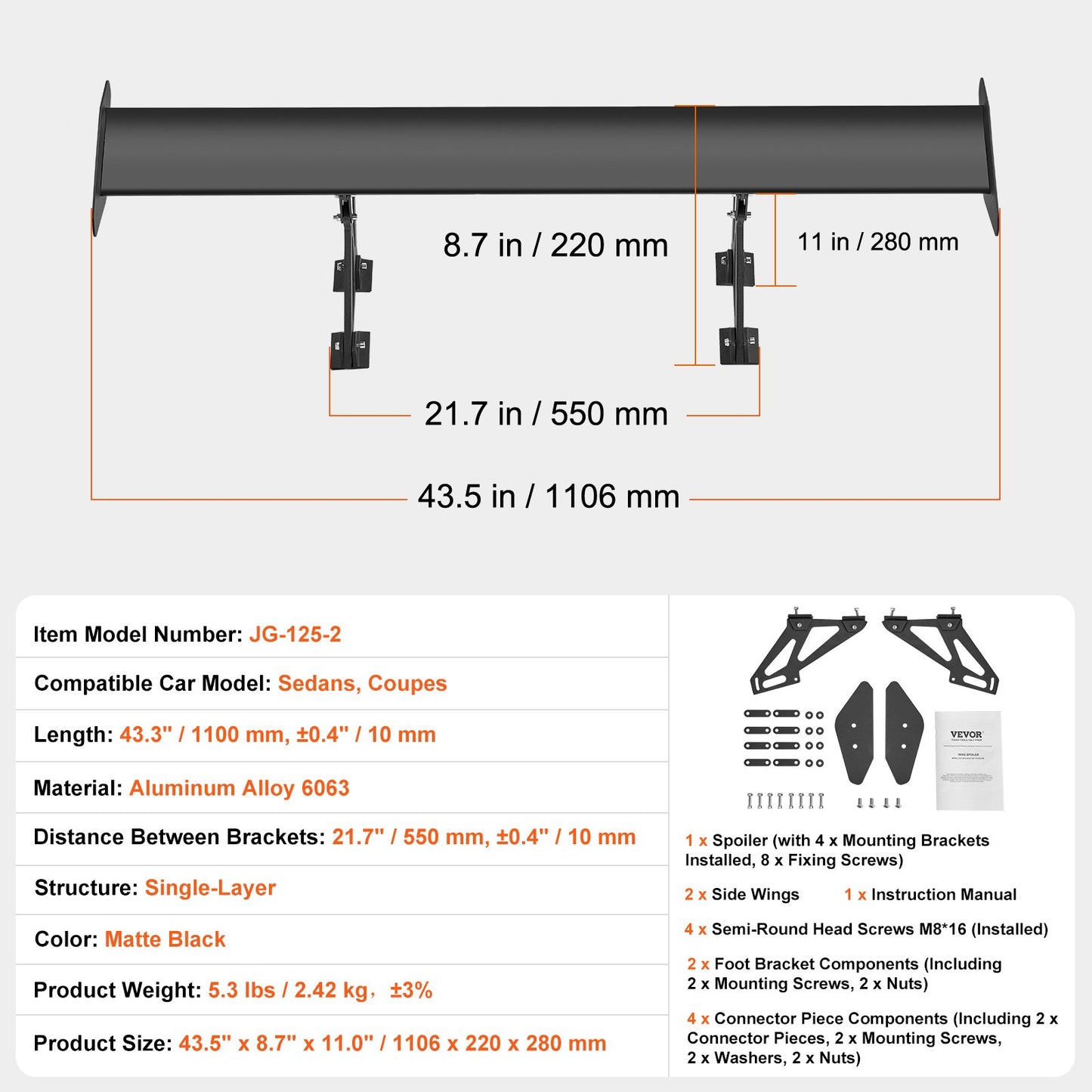 Universell bakspoiler GT-stil justerbar bagagerumsvinge racingbil 43,3"/110 cm