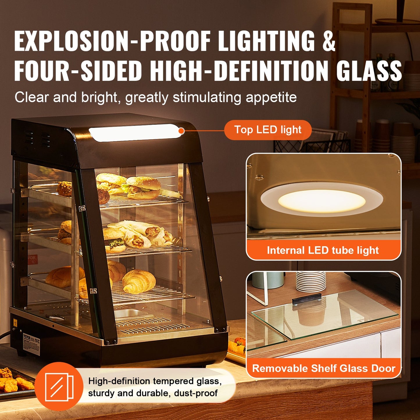 3-vånings kommersiell matvärmare, 1000W matvärmare med belysning, justerbar hylla och temperaturdisplay, 30℃~85℃ ångvärmning, 57L för hamburgare, pizza, bröd, stekt kyckling