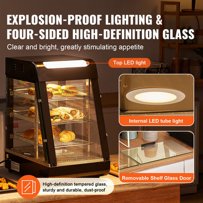 3-vånings kommersiell matvärmare, 1000W matvärmare med belysning, justerbar hylla och temperaturdisplay, 30℃~85℃ ångvärmning, 57L för hamburgare, pizza, bröd, stekt kyckling