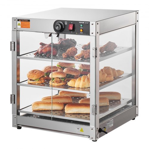 3-vånings kommersiell matvärmare, 800W matvärmare med ljus för att förbättra matdisplayen, 30℃~85℃ temperaturkontroll, 90L stor kapacitet för hamburgare, pizza, bröd, stekt kyckling