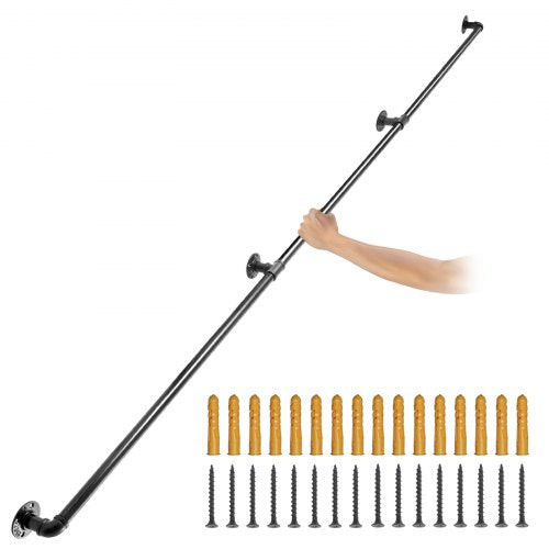 Rörräcke för trappsteg, 304,8 cm trappräcke, 199,6 kg lastkapacitet ledstång i kolstålsrör, industriellt rörräcke med väggfäste, runt hörnväggledstång för inomhus- och utomhusbruk