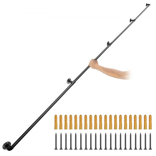 Pipe Stair Handrail, 396.2 cm Staircase Handrail, 199.6 kg Load Capacity Carbon Steel Pipe Handrail, Industrial Pipe Handrail with Wall Mount Support, Round Corner Wall Handrailing for Indoor, Outdoor