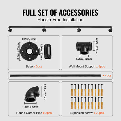 Pipe Stair Handrail, 396.2 cm Staircase Handrail, 199.6 kg Load Capacity Carbon Steel Pipe Handrail, Industrial Pipe Handrail with Wall Mount Support, Round Corner Wall Handrailing for Indoor, Outdoor