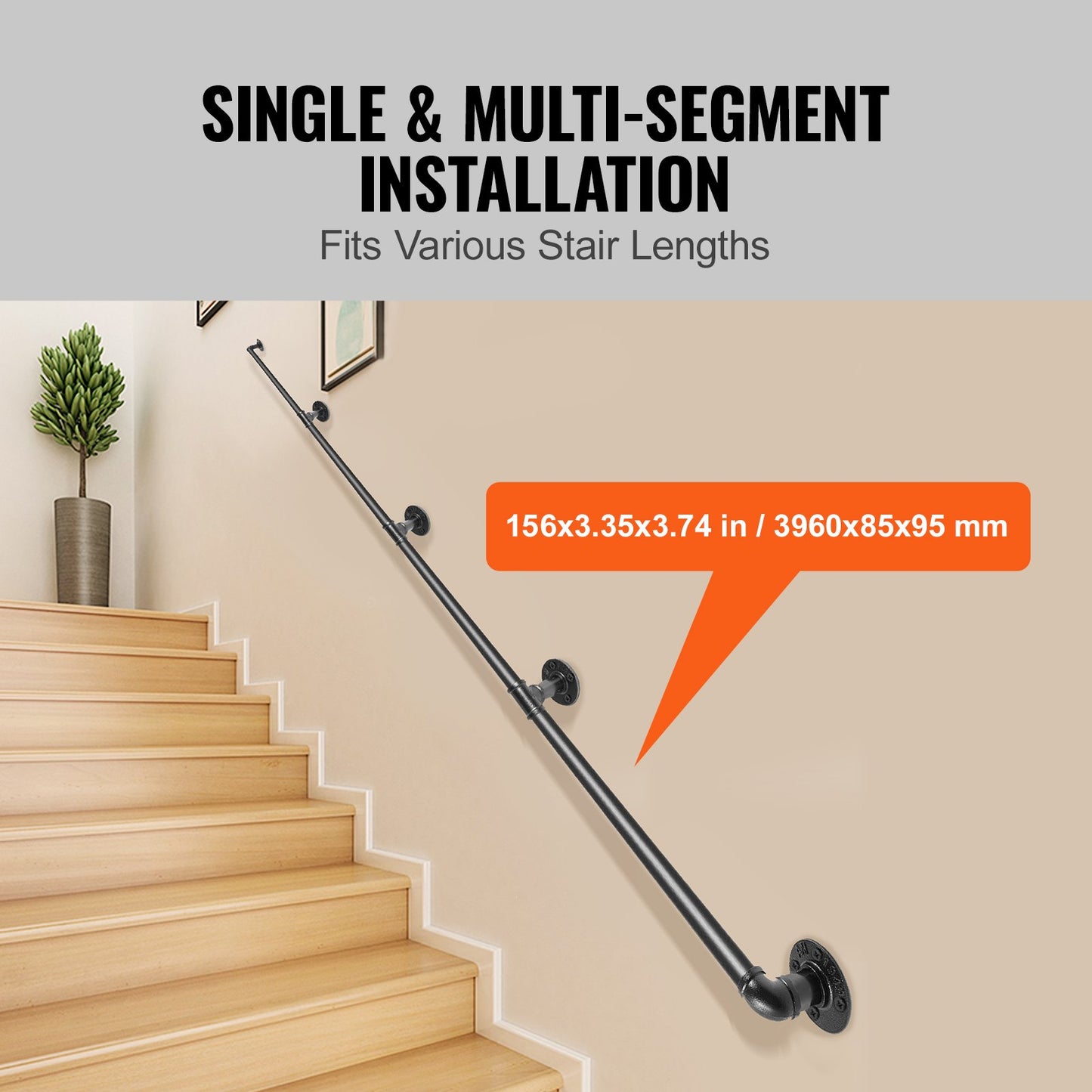 Pipe Stair Handrail, 396.2 cm Staircase Handrail, 199.6 kg Load Capacity Carbon Steel Pipe Handrail, Industrial Pipe Handrail with Wall Mount Support, Round Corner Wall Handrailing for Indoor, Outdoor