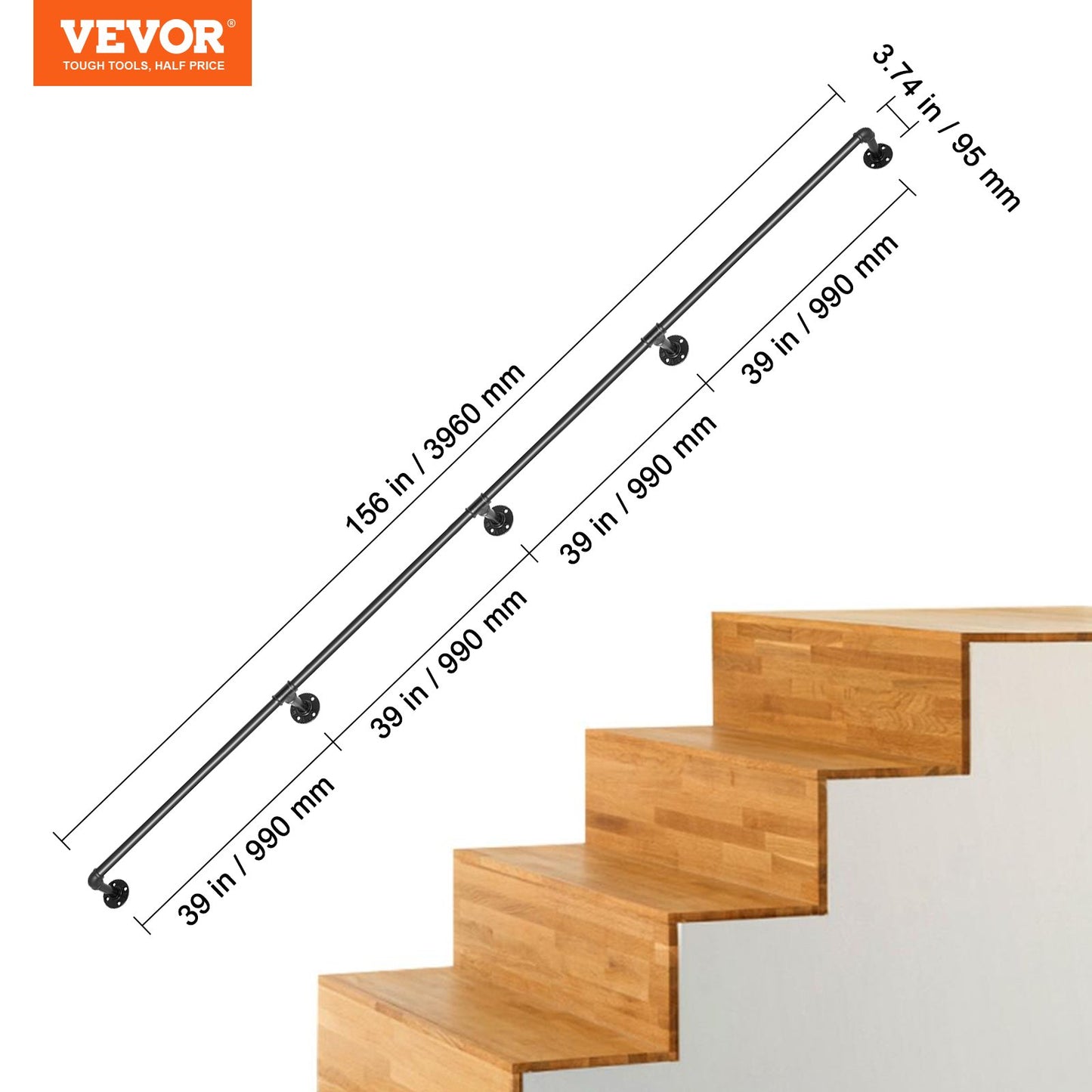 Pipe Stair Handrail, 396.2 cm Staircase Handrail, 199.6 kg Load Capacity Carbon Steel Pipe Handrail, Industrial Pipe Handrail with Wall Mount Support, Round Corner Wall Handrailing for Indoor, Outdoor