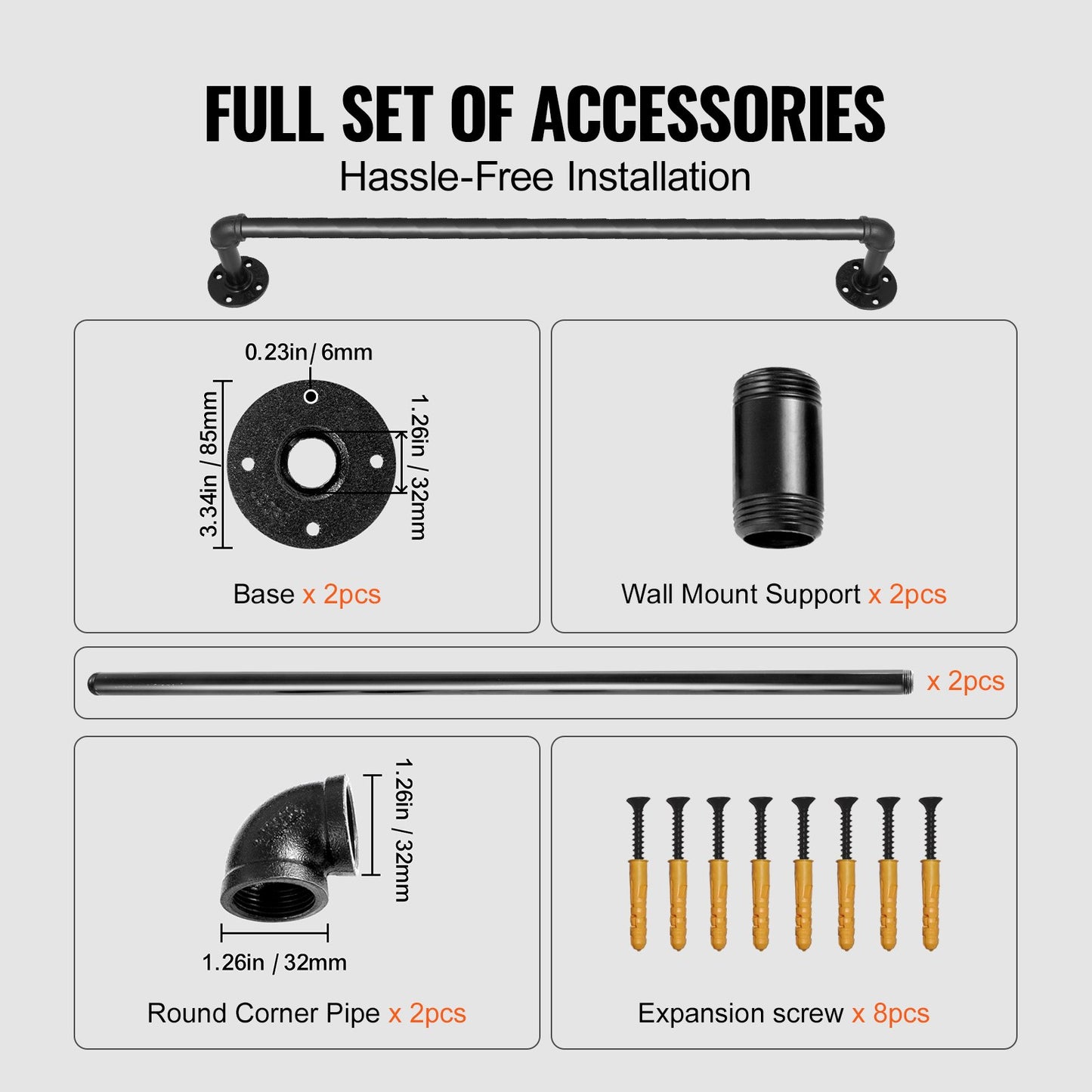 Pipe Stair Handrail, 91.4 cm Staircase Handrail, 199.6 kg Load Capacity Carbon Steel Pipe Handrail, Industrial Pipe Handrail with Wall Mount Support, Round Corner Wall Handrailings for Indoor, Outdoor