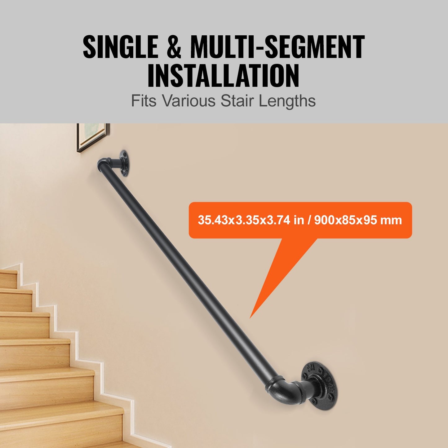 Pipe Stair Handrail, 91.4 cm Staircase Handrail, 199.6 kg Load Capacity Carbon Steel Pipe Handrail, Industrial Pipe Handrail with Wall Mount Support, Round Corner Wall Handrailings for Indoor, Outdoor