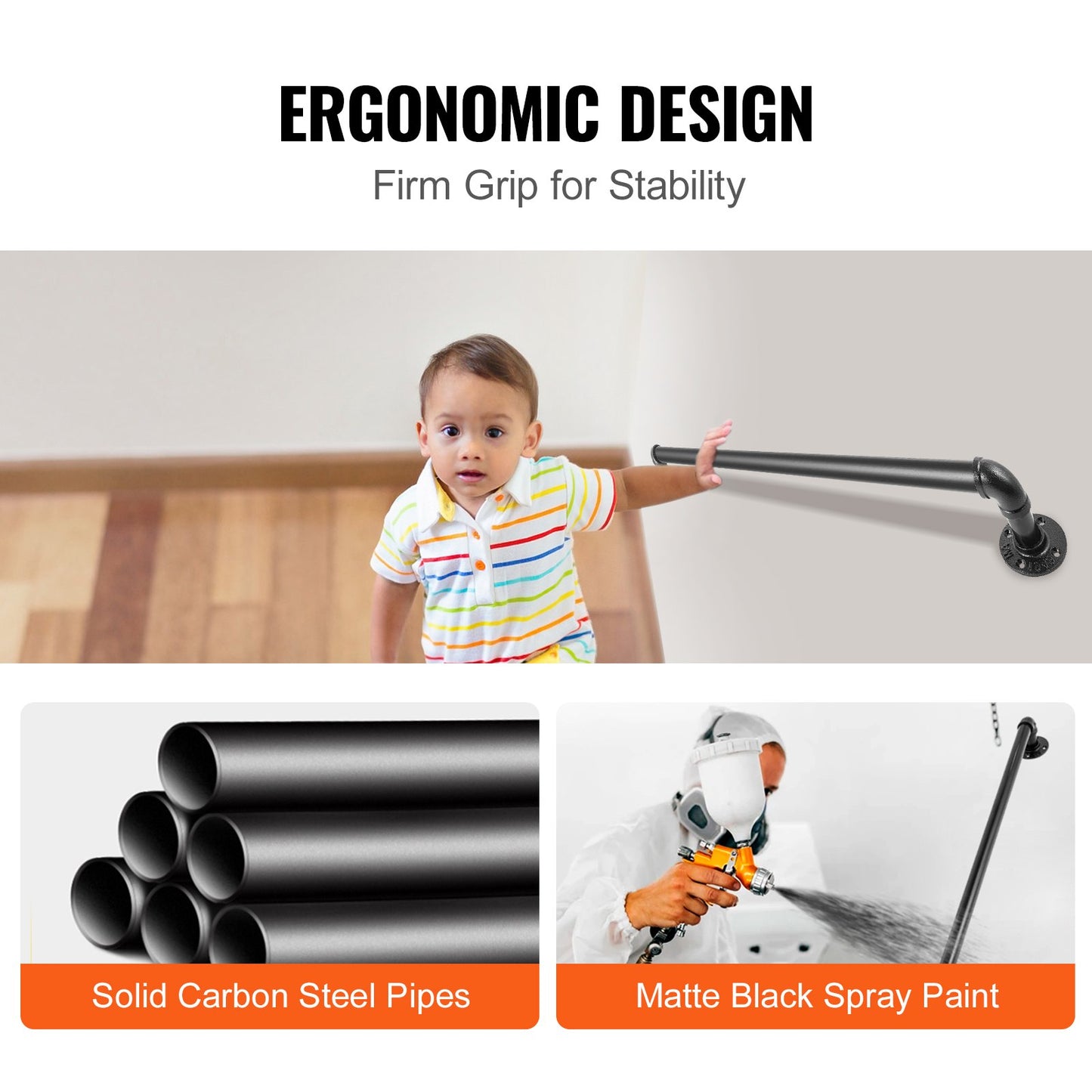 Pipe Stair Handrail, 91.4 cm Staircase Handrail, 199.6 kg Load Capacity Carbon Steel Pipe Handrail, Industrial Pipe Handrail with Wall Mount Support, Round Corner Wall Handrailings for Indoor, Outdoor
