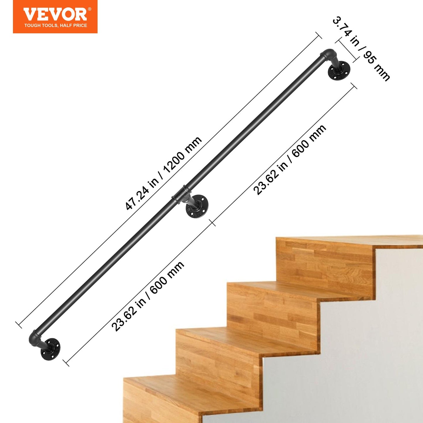 Rörräcke för trappsteg, 121,9 cm trappräcke, 199,6 kg lastkapacitet Ledstång i kolstålsrör, Industriell rörräcke med väggfäste, Runda hörnväggledstänger för inomhus- och utomhusbruk