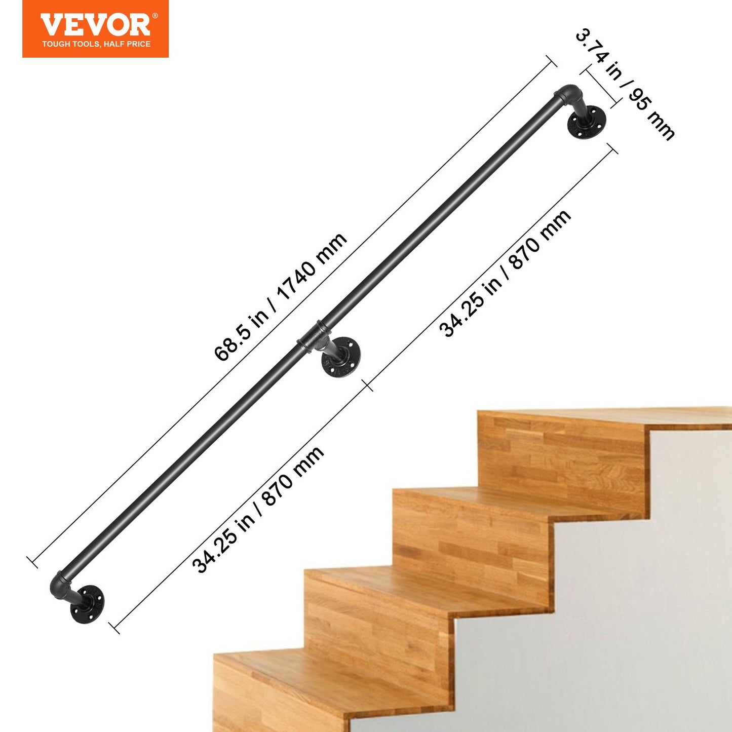 Rörräcke för trappsteg, 182,9 cm trappräcke, 199,6 kg lastkapacitet Ledstång i kolstålsrör, Industriell rörräcke med väggfäste, Runda hörnväggledstänger för inomhus- och utomhusbruk