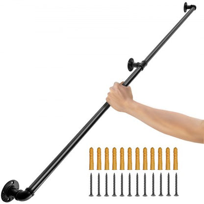 Pipe Stair Handrail, 213.4 cm Staircase Handrail, 199.6 kg Load Capacity Carbon Steel Pipe Handrail, Industrial Pipe Handrail with Wall Mount Support, Round Corner Wall Handrailings for Indoor, Outdoor