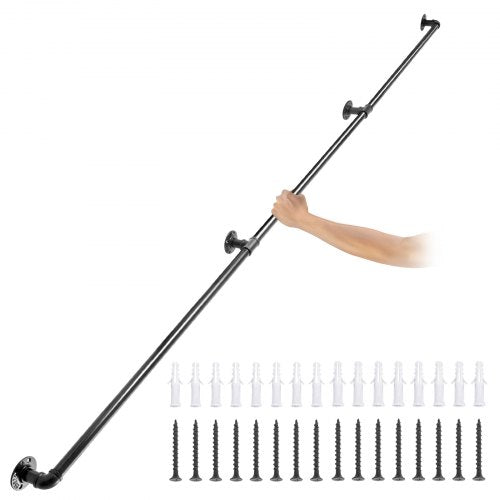 Rörräcke för trappsteg, 274,3 cm trappräcke, 199,6 kg lastkapacitet Ledstång i kolstålsrör, Industriell rörräcke med väggfäste, Runda hörnväggledstänger för inomhus- och utomhusbruk