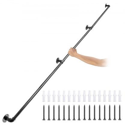 Rörräcke för trappsteg, 274,3 cm trappräcke, 199,6 kg lastkapacitet Ledstång i kolstålsrör, Industriell rörräcke med väggfäste, Runda hörnväggledstänger för inomhus- och utomhusbruk