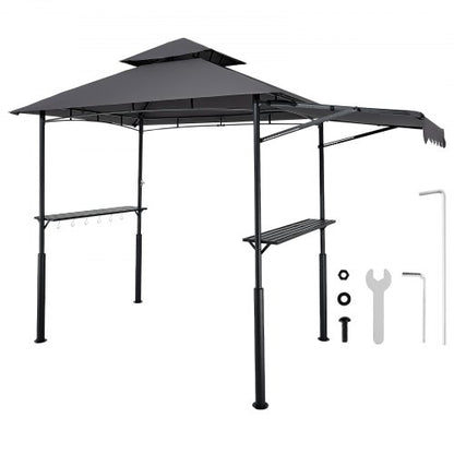 Grillpaviljong, 2,43 x 1,5 m dubbelt tak, grillpaviljong med extra markis, pulverlackerat stålgrilltak med 2 sidohyllor, flasköppnare och krokar, grilltak för trädgården