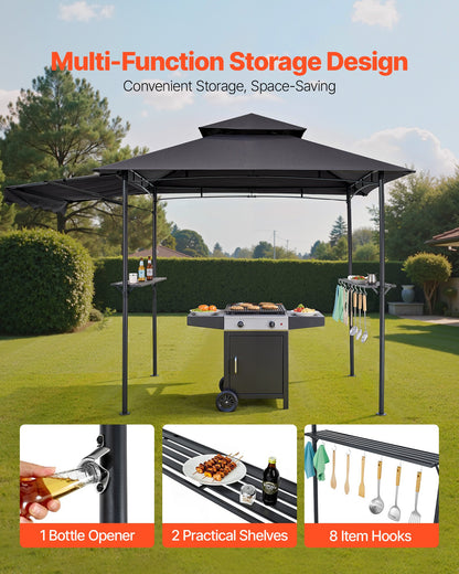 Grillpaviljong, 2,43 x 1,5 m dubbelt tak, grillpaviljong med extra markis, pulverlackerat stålgrilltak med 2 sidohyllor, flasköppnare och krokar, grilltak för trädgården