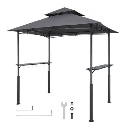 Grillpaviljong, 2,43 x 1,5 m förstärkt utomhusgrillpaviljong med dubbelt tak, pulverlackerat stålgrilltak med 2 sidohyllor och 8 krokar, grilltak för uteplats, bakgård och trädgård
