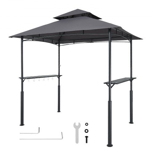 Grillpaviljong, 2,43 x 1,5 m förstärkt utomhusgrillpaviljong med dubbelt tak, pulverlackerat stålgrilltak med 2 sidohyllor och 8 krokar, grilltak för uteplats, bakgård och trädgård