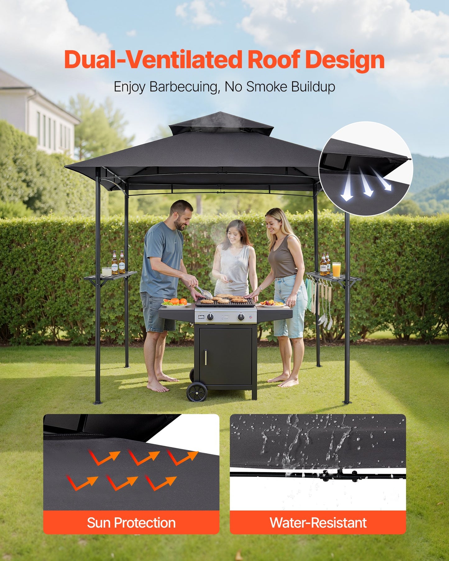Grillpaviljong, 2,43 x 1,5 m utomhusgrillpaviljong med dubbelt tak, pulverlackerat stålgrilltak med 2 sidohyllor och 8 krokar, grilltak för uteplats, trädgård, picknick